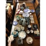 LARGE QTY OF BLUE & WHITE CHINAWARE, POTTERY, FIGURES, GLASSES ETC