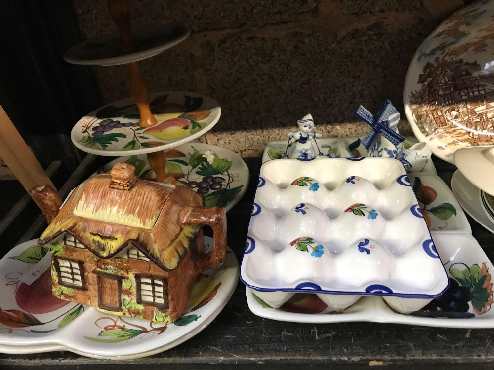 SHELF OF CHINAWARE INCL; PLATES, CAKE STANDS & ORNAMENTS