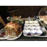 SHELF OF CHINAWARE INCL; PLATES, CAKE STANDS & ORNAMENTS