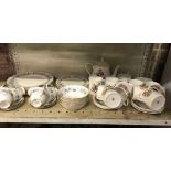SHELF OF CHINAWARE INCL, TEA CUPS, DISHES, PLATES, TEAPOTS ETC