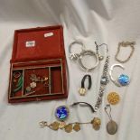 PERIOD JEWEL BOX WITH COSTUME JEWELLERY, WRIST WATCH, BROOCHES ETC