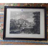 ANTIQUE ENGRAVING AFTER POUSSIN PUBLISHED 1742. FIGURE AND DOG IN AN EXTENSIVE LANDSCAPE.