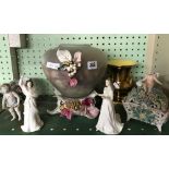 SHELF OF CHINA FIGURES, DECORATIVE BOWL A/F & OTHER ITEMS A/F