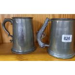 4 PEWTER TANKARDS - 1 WITH GLASS BOTTOM, HEIGHT 12cm