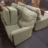 THREE SEATER SETTEE, TWO MATCHING ARMCHAIRS & FOOT STOOL IN GREEN FABRIC