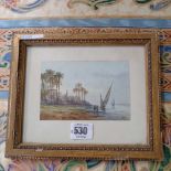RICHMOND MARKES. EASTERN COASTAL SCENE WITH PALM TREES AND SHOWS. WATERCOLOUR, SIGNED WITH INITIALS.