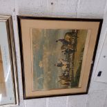 SIR ALFRED MUNNINGS RA. COLOUR PRINT, LADIES MEETING FOR A HUNT. ALSO A GOOD COLOUR PRINT OF AN 18TH