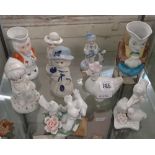 SHELF OF CHINA FIGURES INCL; TOBY JUGS, ANIMALS & SMALL CHILDREN - ALL UNMARKED A/F