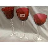 SET OF 3 ST LOUIS CRYSTAL GLASSES, WITH RED BOWLS AND VARIOUS SHAPED STEMS, TALLEST 24.5cm