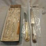 BOX WITH GLASS SERVING SPOON & FORK, PLATED CARVING KNIFE & 2 OTHERS