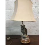 PAIR OF TABLE LAMPS & SHADES - 1 WITH OWL BASE, THE OTHER 2 DOVES