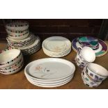 SHELF OF CHINAWARE INCL; PLATES, DISHES & BOWLS & PLATES IN M&S AZTEC PATTERN