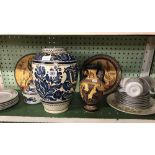 SHELF OF GREEK POTTERY, CUPS & SAUCERS ETC