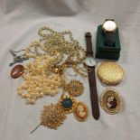 BOX OF COSTUME JEWELLERY WITH 2 WRIST WATCHES