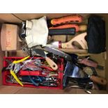 CARTON WITH VARIOUS TOOLS INCL; HAMMER, SCISSORS, SAW, PLIERS & ADJUSTABLE SPANNER ETC