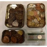 3 TINS OF UK & FOREIGN COINAGE, COPPER & NICKEL & OTHER BASE METAL