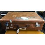 GOOD QUALITY LARGE LEATHER SUITCASE WITH NUMEROUS LABELS