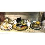 SHELF OF CHINAWARE & MTL - PLATES, DISHES & JUGS