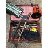 SMALL SUITCASE CONTAINING HACKSAW, BUTANE GAS TORCH, SET OF SPANNERS, BENCH VICE, HAND DRILL &