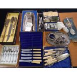 CARTON OF PLATED WARE, BOXED CUTLERY ETC