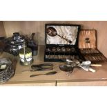 SHELF OF MTL INCL; TEA POT ASSORTED SPOONS & FORKS IN CASES ETC