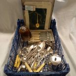 TRAY OF WHITE METAL CUTLERY INCL; SALT & PEPPER POT KNIVES & FORKS, SERVING SPOONS ETC