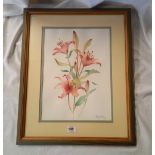 JOHN LAVER, WATERCOLOUR STUDY OF A STEM OF PINK LILIES, SIGNED