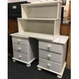 2 X WHITE 3 DRAWER BEDSIDE CABINETS & 3 TIER WHITE SHOP DISPLAY SHELVES