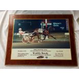 A HARDWOOD PRESENTATION PLAQUE FROM MEADOWLANDS RACE TRACK, NEW JERSEY, USA CELEBRATING A LIFETIME