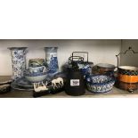 SHELF OF BLUE & WHITE CHINAWARE ETC