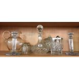 SHELF WITH QTY OF GLASSWARE INCL; DECANTER, JUG, JELLY MOULD ETC