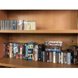 2 SHELVES OF MIXED DVD'S, VIDEO TAPES, CD'S & CASSETTE TAPES