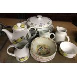 QTY OF MIXED CHINA INCL; BOWLS, PLATES, JUGS, TEAPOT, 3 BOWLS BY ROYAL DOULTON OF THE BUNNYKINS