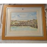 PEN AND INK WATERCOLOUR PAINTING OF A VIEW FROM FOWEY, SIGNED AND DATED, LABEL VERSO