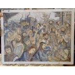 LARGE WATERCOLOUR OF A CROWD OF FIGURES