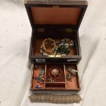 WOODEN PERIOD JEWELLERY BOX WITH COSTUME JEWELLERY, BRACELETS, BANGLES ETC