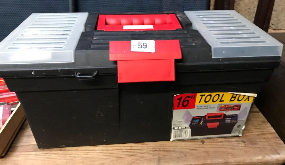 PLASTIC 16'' TOOL BOX WITH SCREW DRIVER, SPANNER & OTHER TOOLS