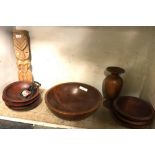 SHELF OF TREEN ITEMS CONSISTING OF BALLS ETC