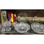SHELF OF GLASSWARE INCL; LEAD CRYSTAL DECANTER, DISHES & BOWL