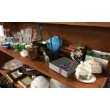 TWO SHELVES OF GLASSWARE, CHINAWARE & COPPERWARE CONSISTING OF PICTURE FRAMES, LAMP SHADES,