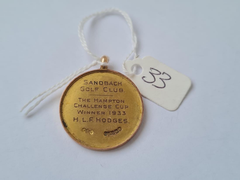 Circular “Sandbach Golf Club” 9ct medal 8.3g - Image 2 of 2