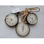 Two gents silver pocket watches with seconds dials & metal stop watch