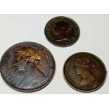 A halfpenny 1875, a farthing 1860 and a half farthing 1844 - all good grade