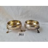 Pair of George III salts each on pad feet. 2.75 in wide. London 1767. By S A? 115gms