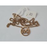 A gold pendant (initial AMJ) on 9ct link chain