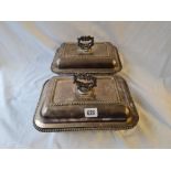 Pair of old Sheffield entrée dishes and covers with hot water bases. 11 inch wide
