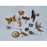 Three silver butterfly pendants plus nine animal pins & brooches