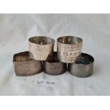 Group of Five Victorian and other napkin rings. 120gms