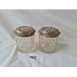 Pair of embossed topped jars in glass bodies. 2.75in diam. Birmingham 1905