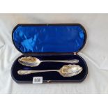 Attractive pair of Berry spoons in fitted case
